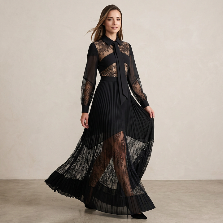 Black Lace Patchwork Pleated Maxi Dress for Friday Night Vibes Women-Vyana Collective