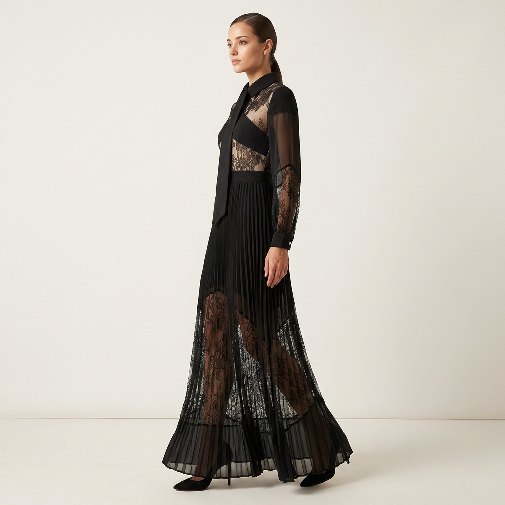 Black Lace Patchwork Pleated Maxi Dress for Friday Night Vibes Women-Vyana Collective