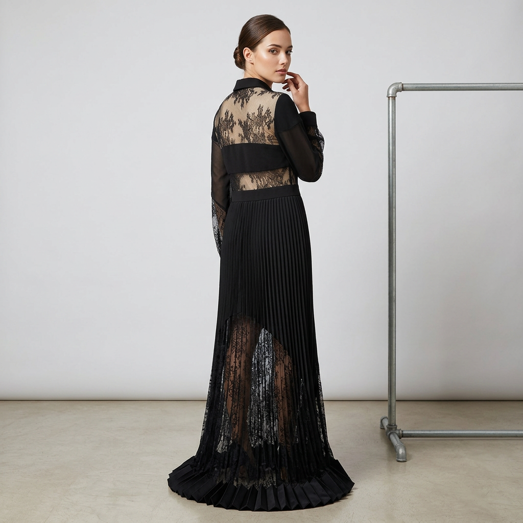 Black Lace Patchwork Pleated Maxi Dress for Friday Night Vibes Women-Vyana Collective