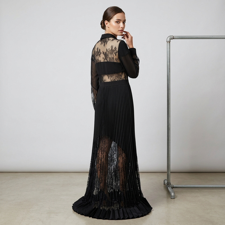 Black Lace Patchwork Pleated Maxi Dress for Friday Night Vibes Women-Vyana Collective