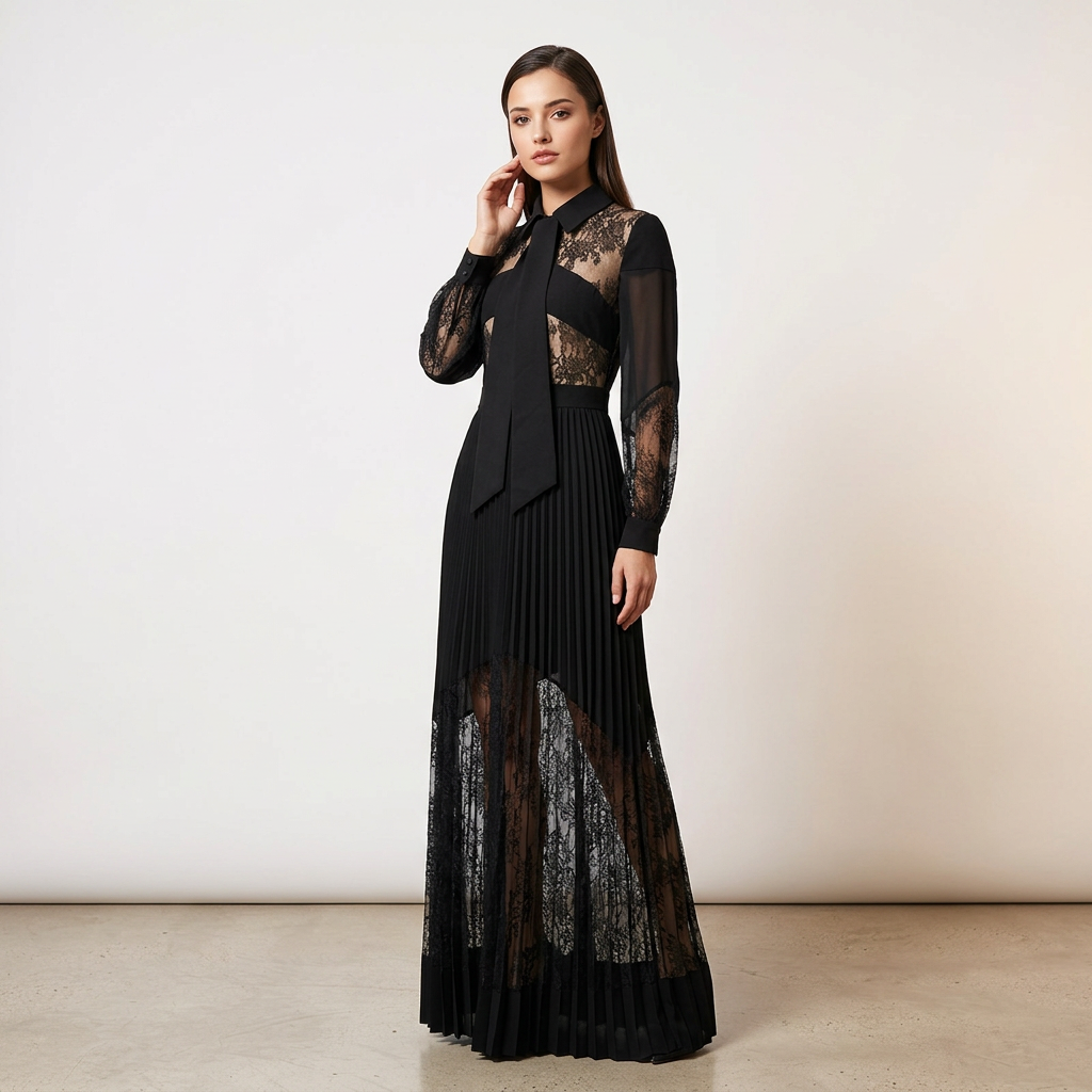 Black Lace Patchwork Pleated Maxi Dress for Friday Night Vibes Women-Vyana Collective