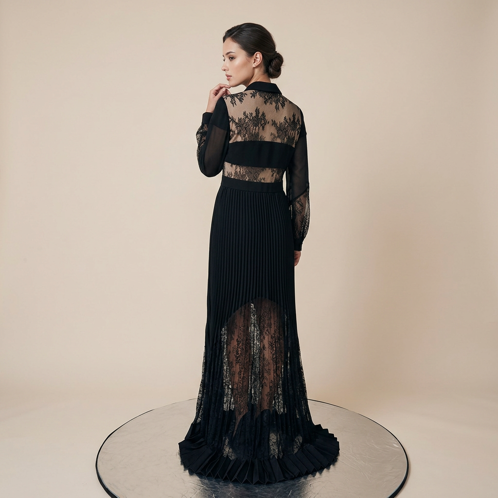 Black Lace Patchwork Pleated Maxi Dress for Friday Night Vibes Women-Vyana Collective