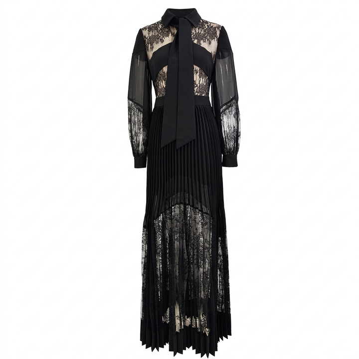 Black Lace Patchwork Pleated Maxi Dress for Friday Night Vibes Women-Vyana Collective
