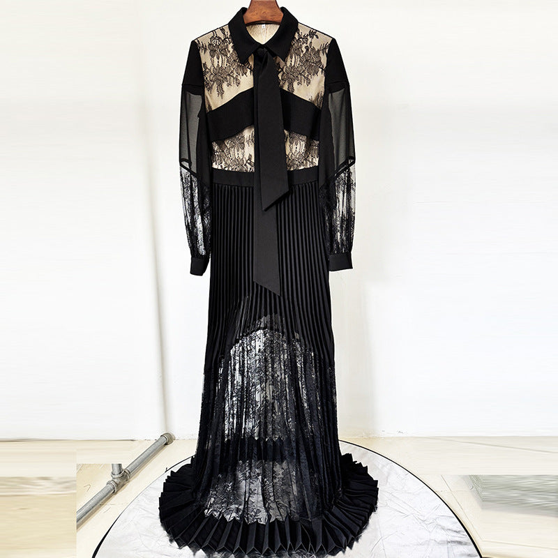 Black Lace Patchwork Pleated Maxi Dress for Friday Night Vibes Women-Vyana Collective