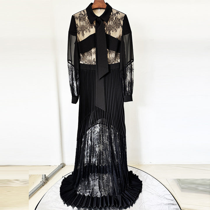 Black Lace Patchwork Pleated Maxi Dress for Friday Night Vibes Women-Vyana Collective