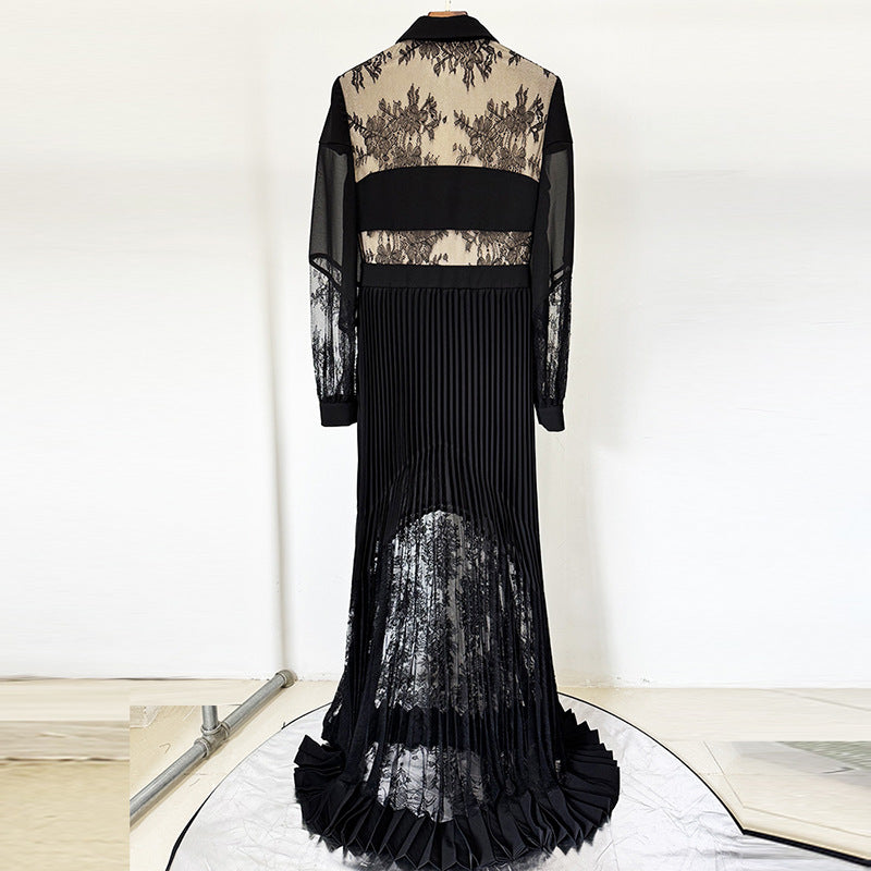Black Lace Patchwork Pleated Maxi Dress for Friday Night Vibes Women-Vyana Collective