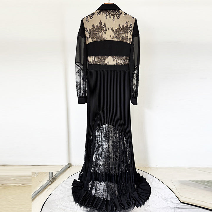 Black Lace Patchwork Pleated Maxi Dress for Friday Night Vibes Women-Vyana Collective