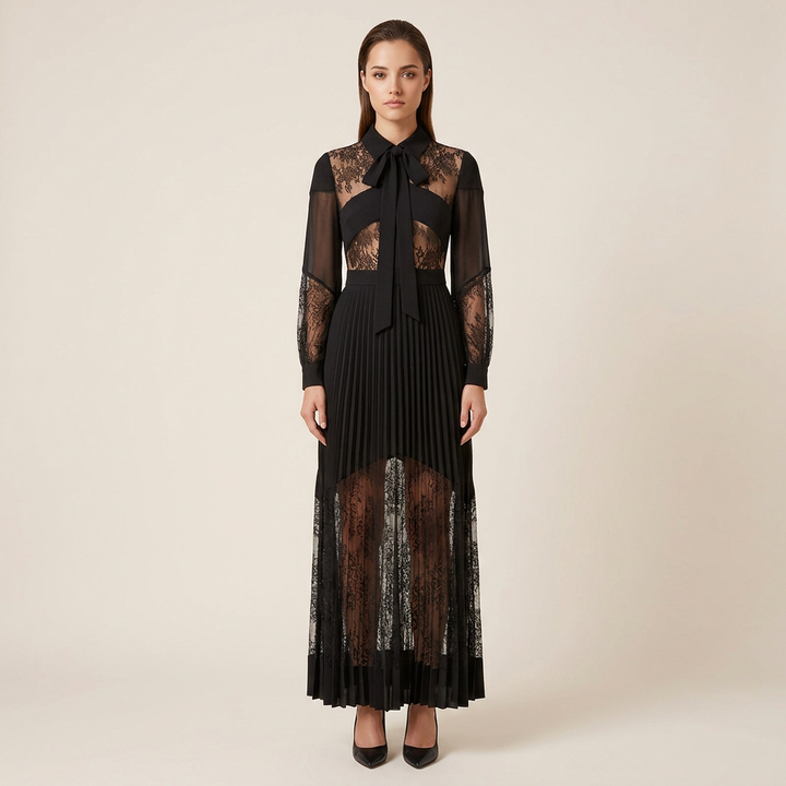 Black Lace Patchwork Pleated Maxi Dress for Friday Night Vibes Women-Vyana Collective
