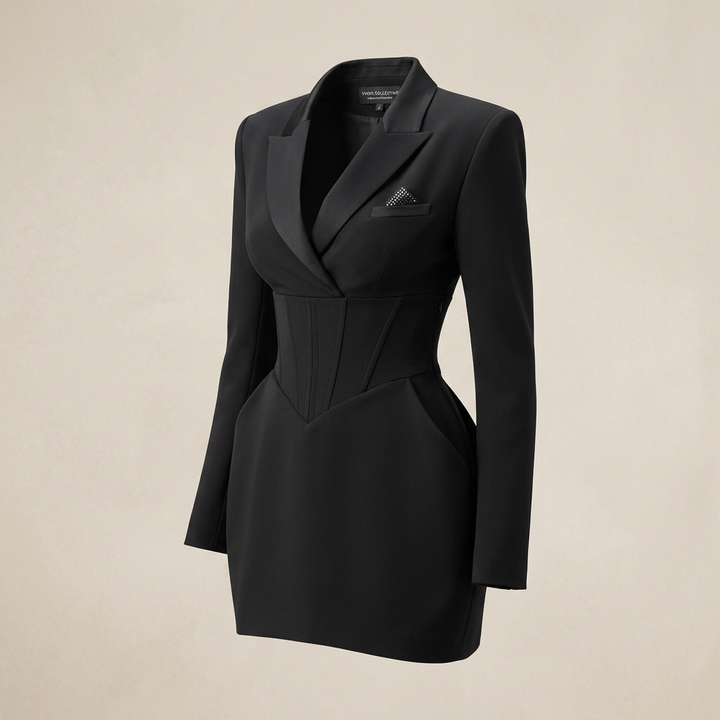 Black Long Sleeve Belted Mini Blazer Dress for Formal-Vyana Collective