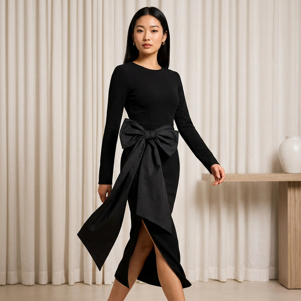 Black Long Sleeve Maxi Dress with Oversized Satin Bow-Vyana Collective