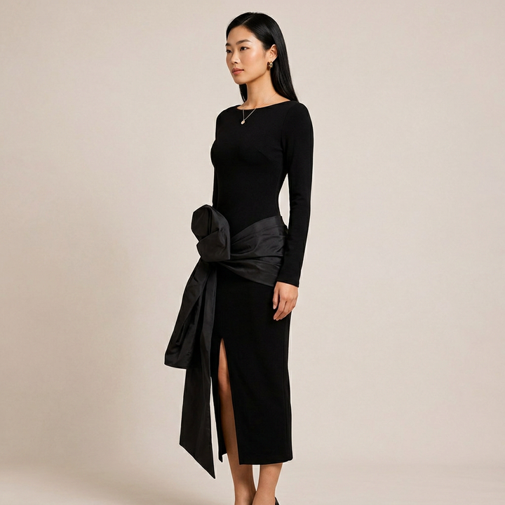 Black Long Sleeve Maxi Dress with Oversized Satin Bow-Vyana Collective