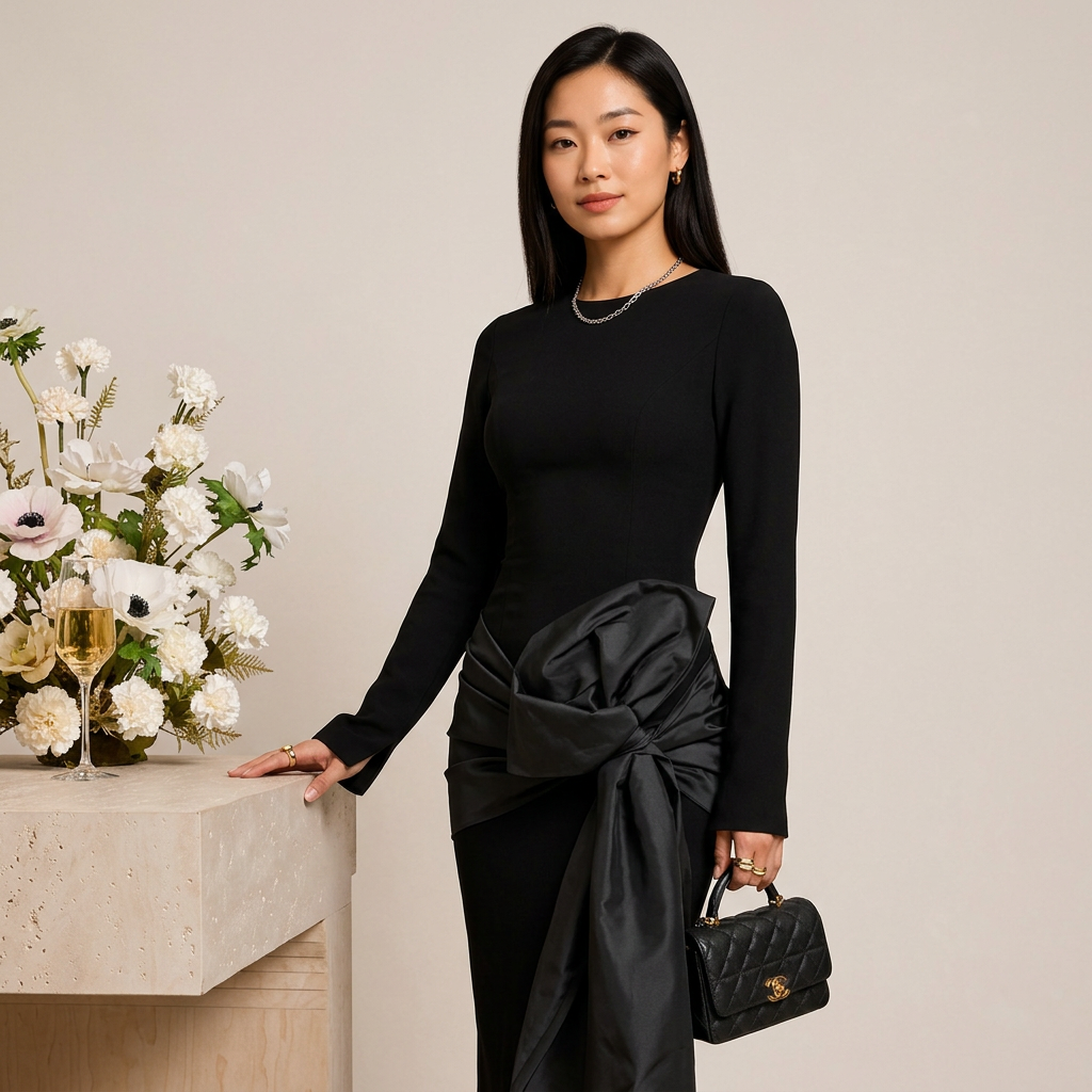 Black Long Sleeve Maxi Dress with Oversized Satin Bow | Vyana Collective-Vyana Collective