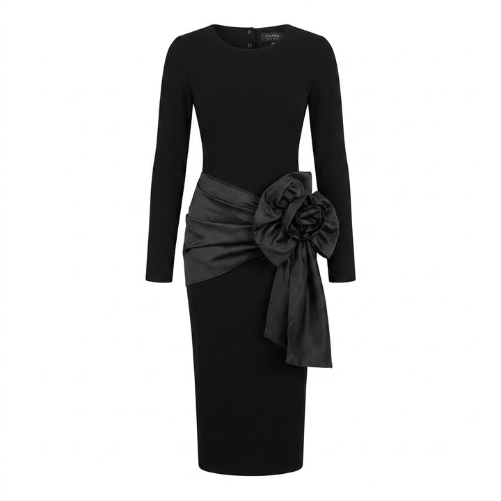 Black Long Sleeve Maxi Dress with Oversized Satin Bow | Vyana Collective-Vyana Collective
