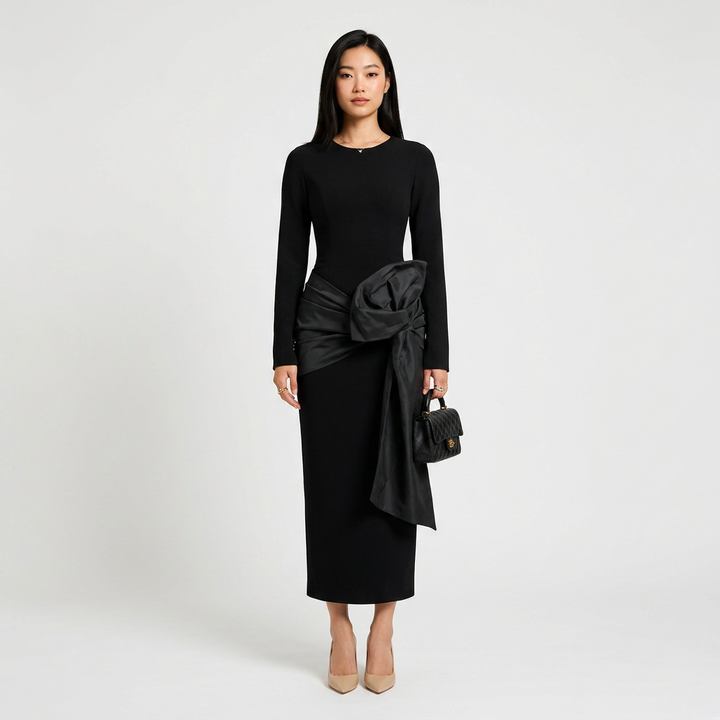 Black Long Sleeve Maxi Dress with Oversized Satin Bow | Vyana Collective-Vyana Collective