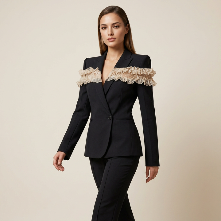 Black Mesh Ruffle Blazer and Tailored Ankle Pants Set for Meetings Ready Women-Vyana Collective