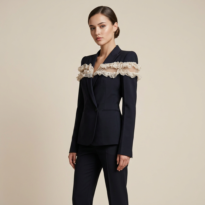 Black Mesh Ruffle Blazer and Tailored Ankle Pants Set for Meetings Ready Women-Vyana Collective