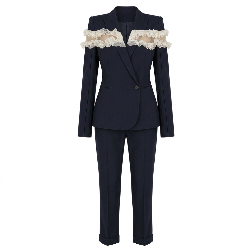 Black Mesh Ruffle Blazer and Tailored Ankle Pants Set for Meetings Ready Women-Vyana Collective