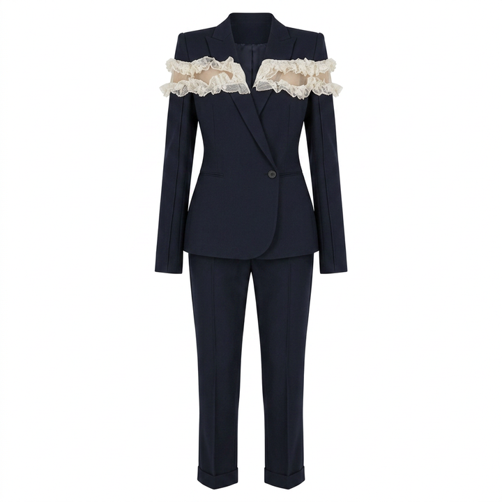 Black Mesh Ruffle Blazer and Tailored Ankle Pants Set for Meetings Ready Women-Vyana Collective