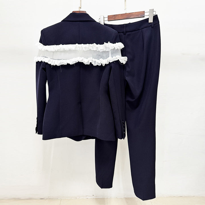 Black Mesh Ruffle Blazer and Tailored Ankle Pants Set for Meetings Ready Women-Vyana Collective