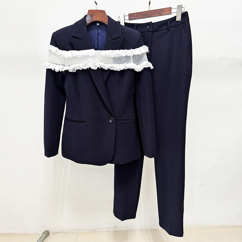 Black Mesh Ruffle Blazer and Tailored Ankle Pants Set for Meetings Ready Women-Vyana Collective