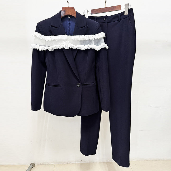 Black Mesh Ruffle Blazer and Tailored Ankle Pants Set for Meetings Ready Women-Vyana Collective