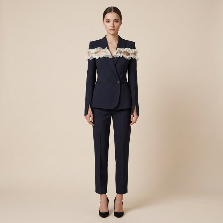 Black Mesh Ruffle Blazer and Tailored Ankle Pants Set for Meetings Ready Women-Vyana Collective