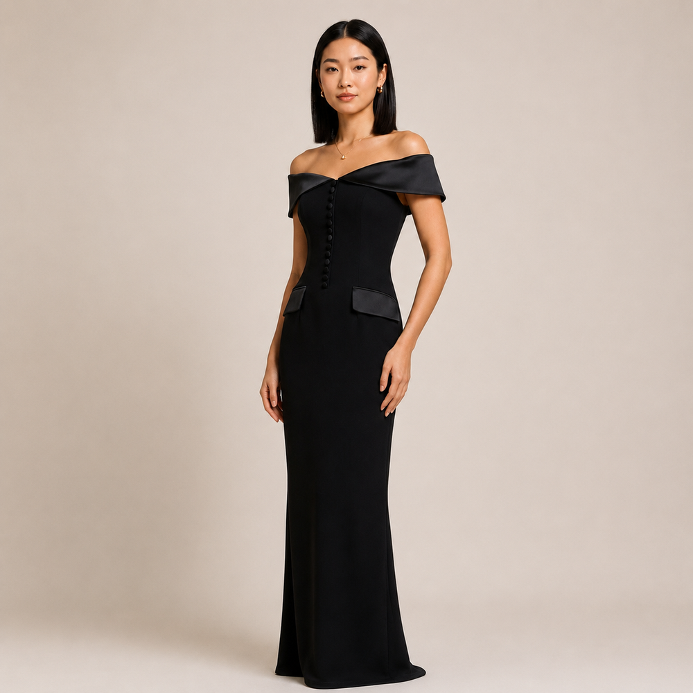 Black Off-the-Shoulder Button Detail Maxi Dress-Vyana Collective