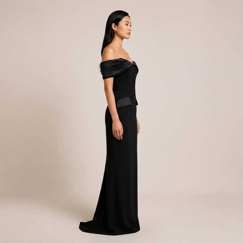 Black Off-the-Shoulder Button Detail Maxi Dress-Vyana Collective