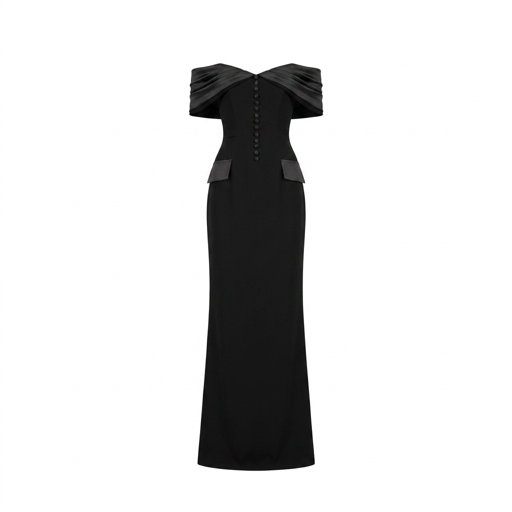Black Off-the-Shoulder Button Detail Maxi Dress-Vyana Collective