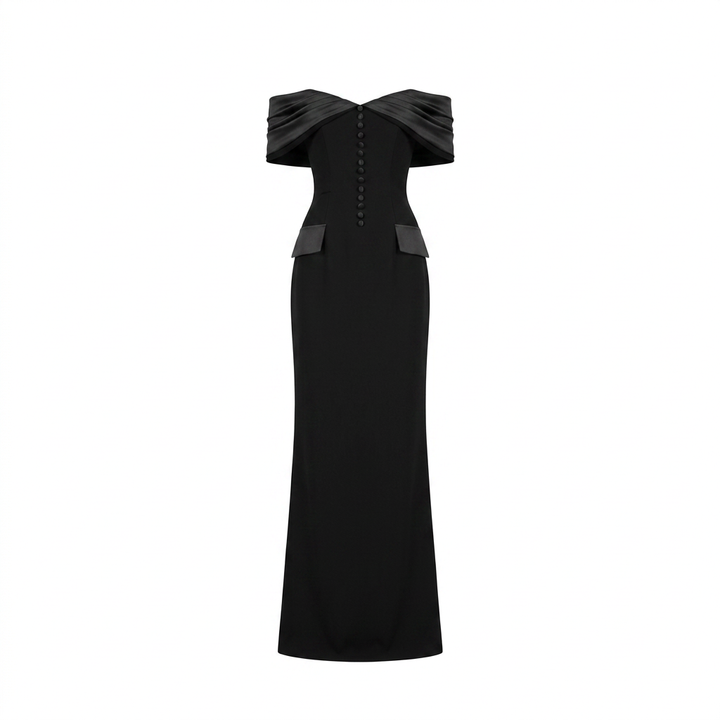 Black Off-the-Shoulder Button Detail Maxi Dress-Vyana Collective