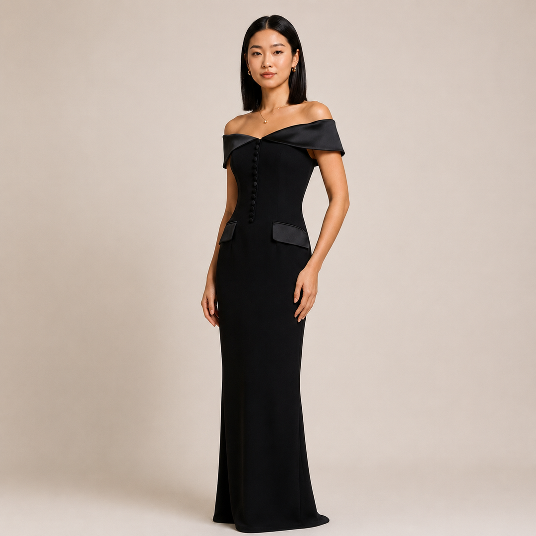 Black Off-the-Shoulder Button Detail Maxi Dress | Vyana Collective-Vyana Collective