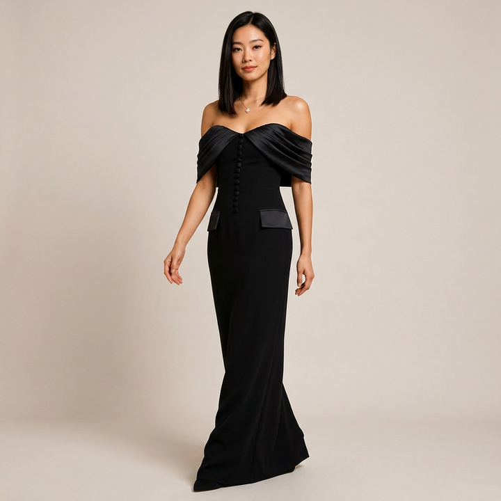 Black Off-the-Shoulder Button Detail Maxi Dress | Vyana Collective-Vyana Collective