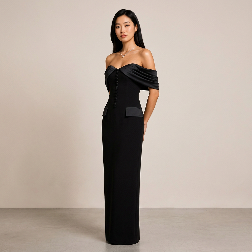Black Off-the-Shoulder Button Detail Maxi Dress | Vyana Collective-Vyana Collective