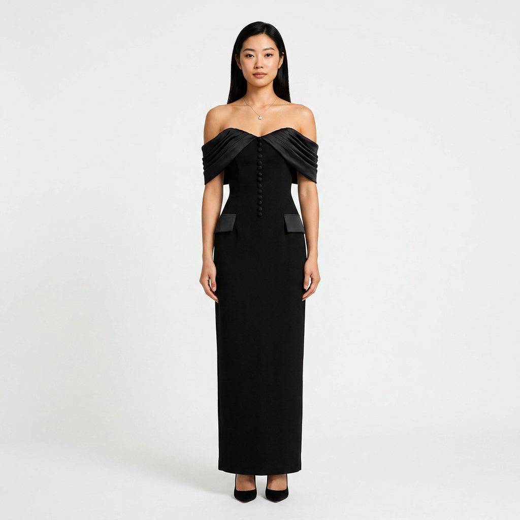 Black Off-the-Shoulder Button Detail Maxi Dress | Vyana Collective-Vyana Collective