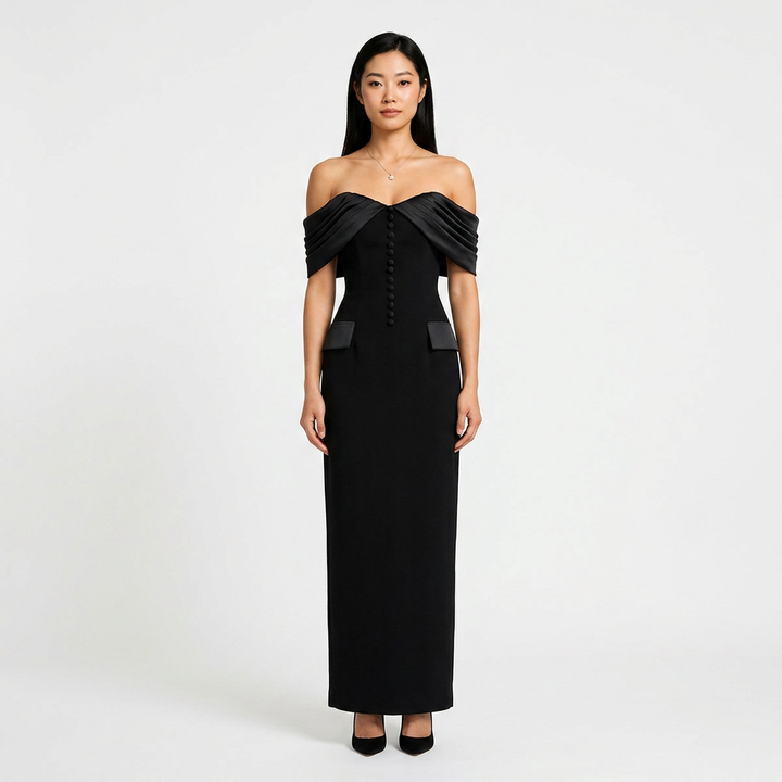 Black Off-the-Shoulder Button Detail Maxi Dress | Vyana Collective-Vyana Collective