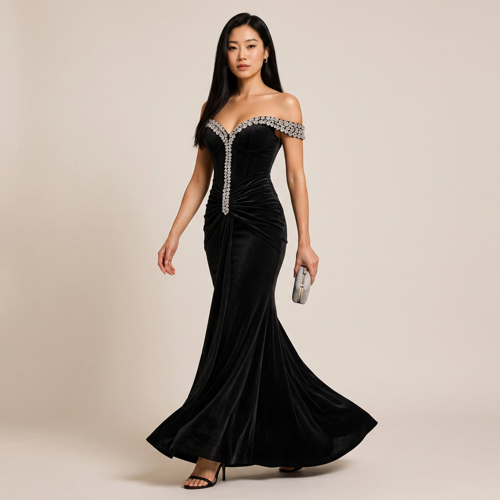Black Off-the-Shoulder Crystal-Beaded Ruched Mermaid Evening Gown-Vyana Collective