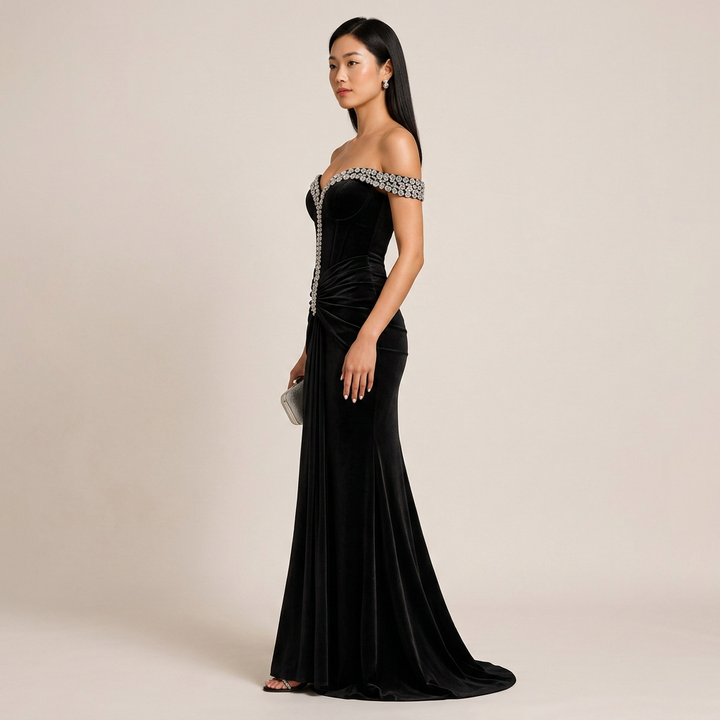 Black Off-the-Shoulder Crystal-Beaded Ruched Mermaid Evening Gown-Vyana Collective