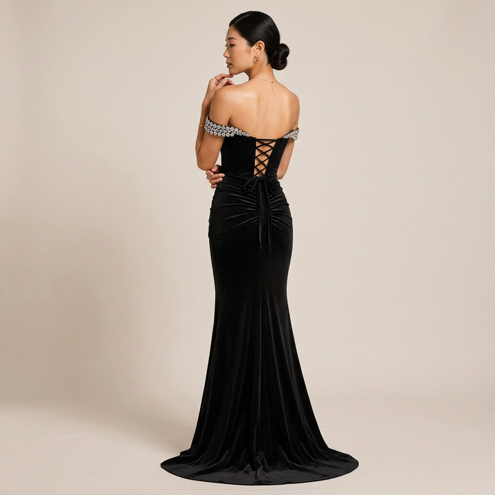 Black Off-the-Shoulder Crystal-Beaded Ruched Mermaid Evening Gown-Vyana Collective