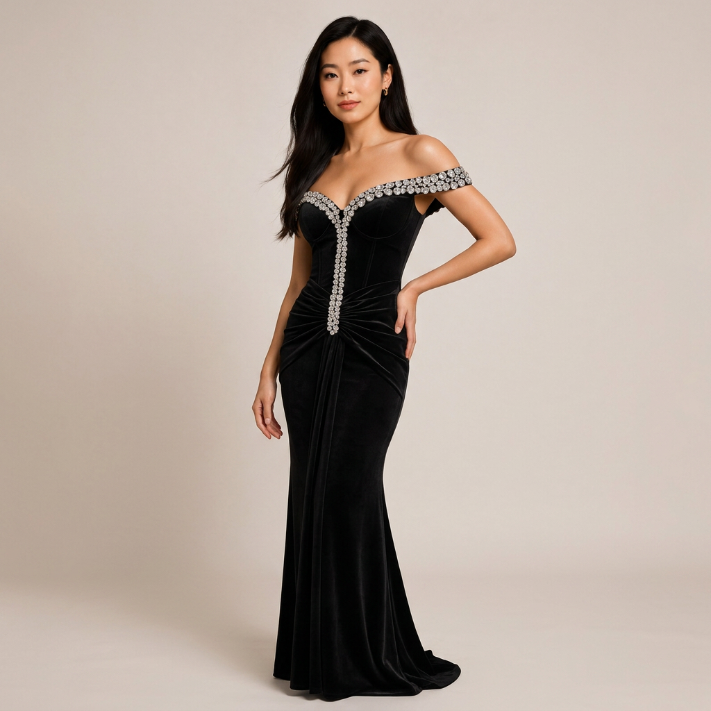 Black Off-the-Shoulder Crystal-Beaded Ruched Mermaid Evening Gown-Vyana Collective