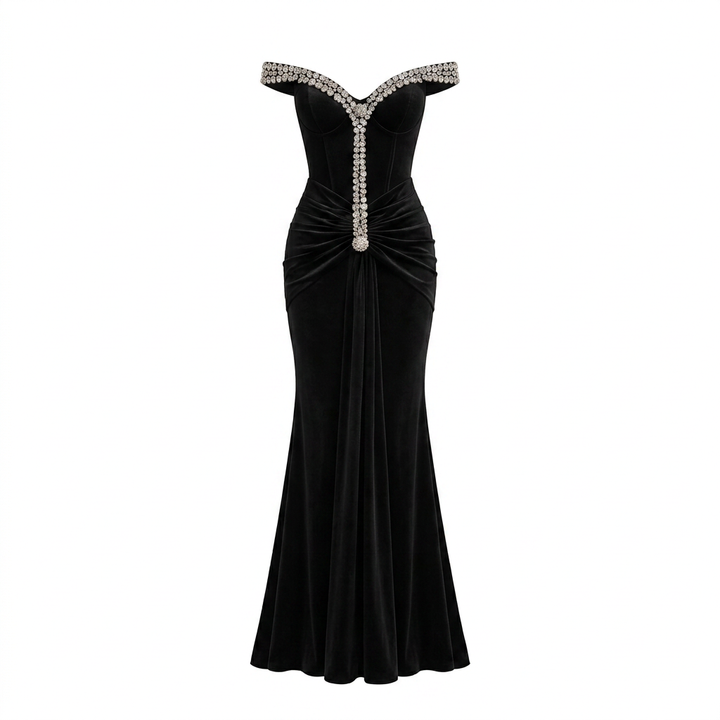 Black Off-the-Shoulder Crystal-Beaded Ruched Mermaid Evening Gown-Vyana Collective