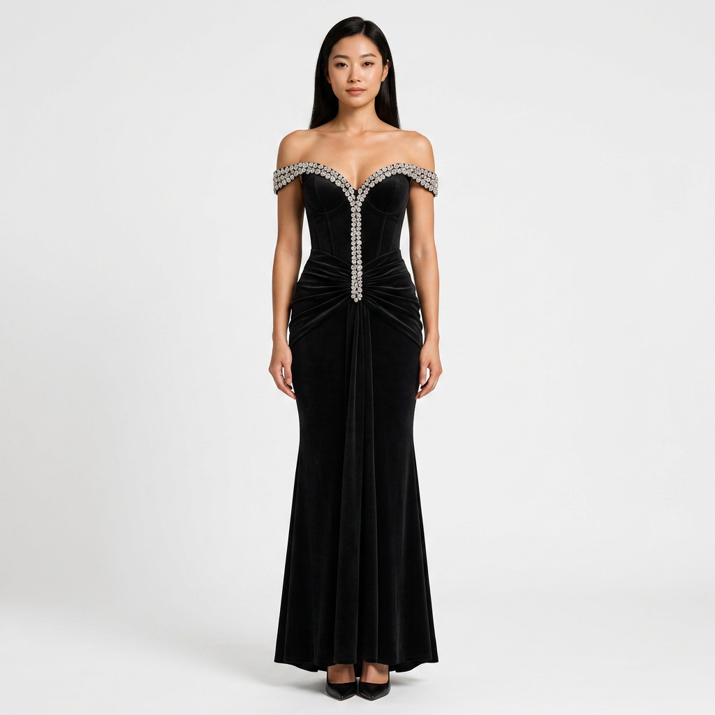 Black Off-the-Shoulder Crystal-Beaded Ruched Mermaid Evening Gown-Vyana Collective