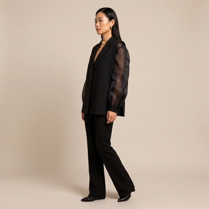 Black Organza Sleeve Blazer Top-Vyana Collective