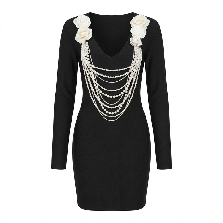 Black Pearl Chain Floral Bodycon Mini Dress-Vyana Collective