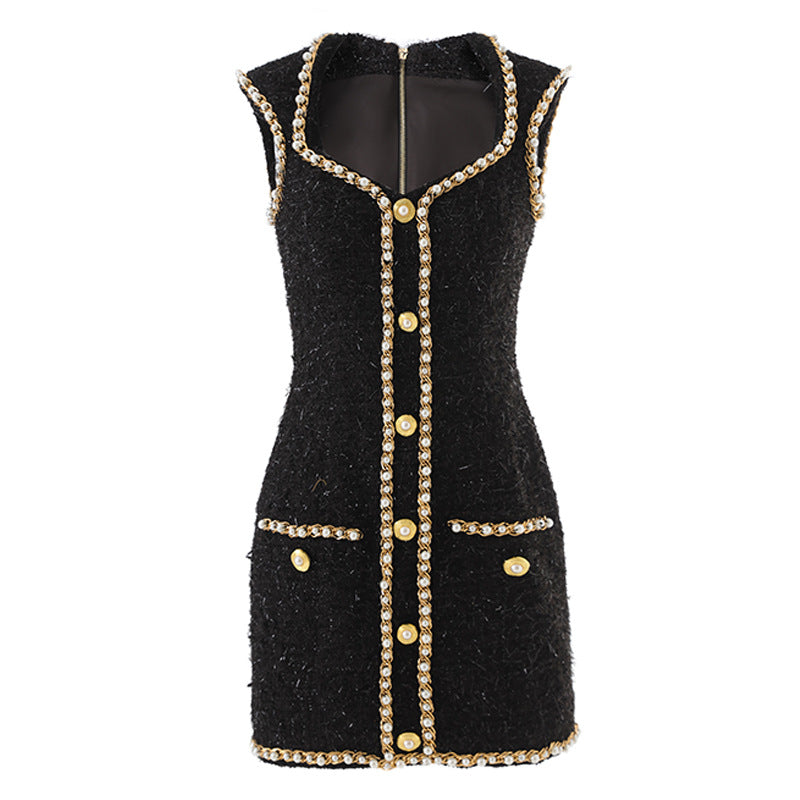 Black Pearl Trim Tweed Sleeveless Mini Dress with Gold Button Detail-Vyana Collective