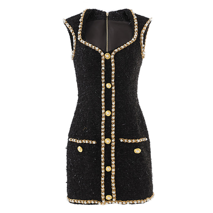 Black Pearl Trim Tweed Sleeveless Mini Dress with Gold Button Detail-Vyana Collective