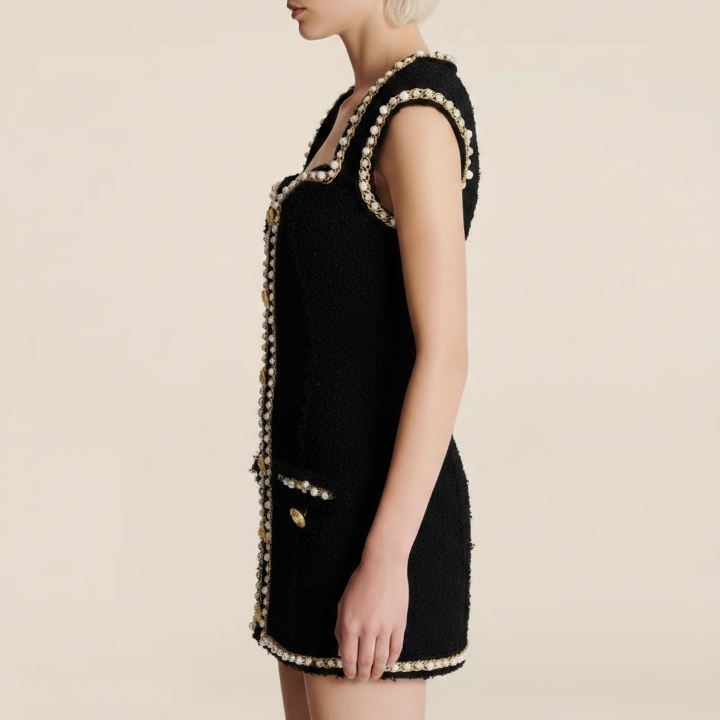 Black Pearl Trim Tweed Sleeveless Mini Dress with Gold Button Detail-Vyana Collective