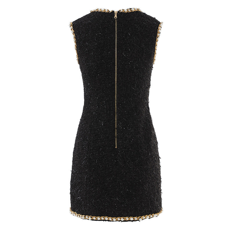 Black Pearl Trim Tweed Sleeveless Mini Dress with Gold Button Detail-Vyana Collective