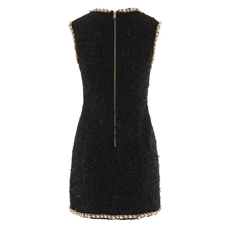Black Pearl Trim Tweed Sleeveless Mini Dress with Gold Button Detail-Vyana Collective