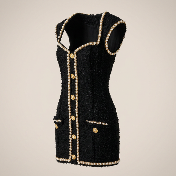 Black Pearl Trim Tweed Sleeveless Mini Dress with Gold Button Detail-Vyana Collective