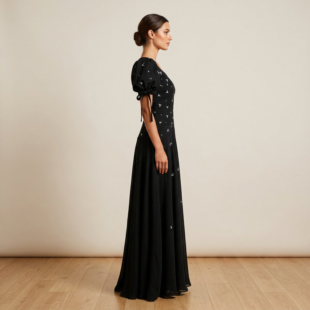 Black Puff-Sleeve Beaded A-Line Floor-Length Evening Gown-Vyana Collective